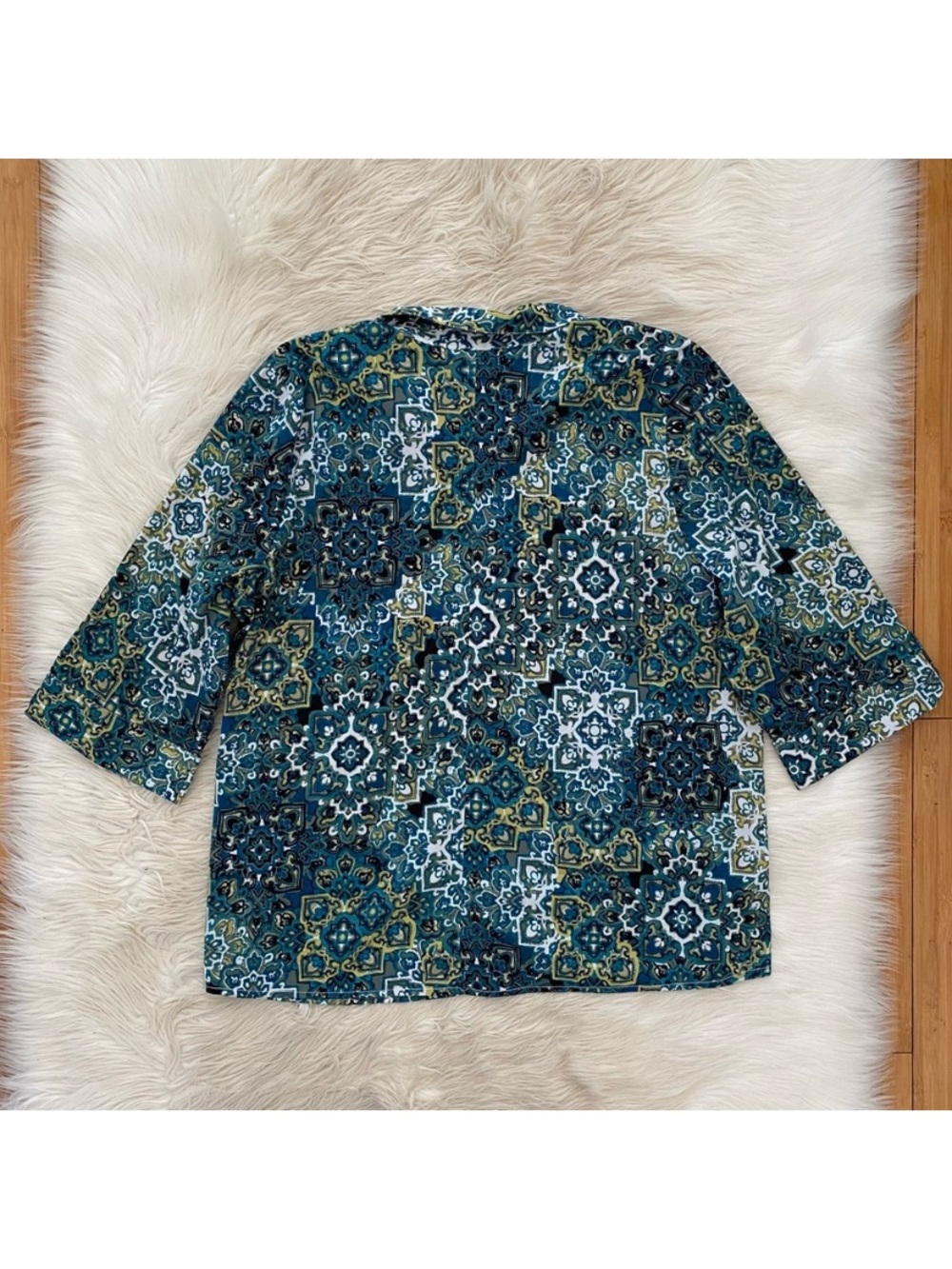 Catherines Timeless Blouse Deep Teal Tile Paisley Blue Green Button Up Shirt 2X - Picture 7 of 10